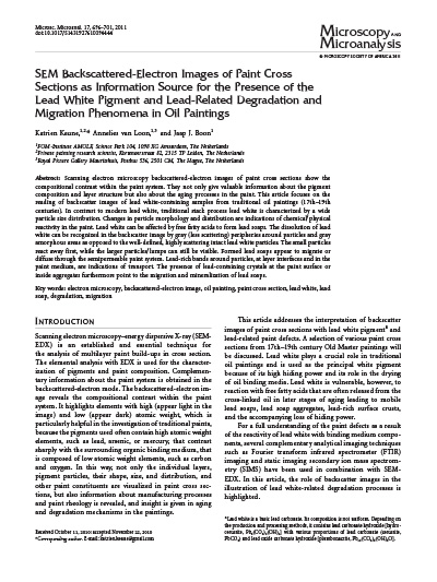 SEM Backscattered-Electron Images of Paint Cross Sections as Information Source for the Presence of the Lead White Pigment and Lead-Related Degradation and Migration Phenomena in Oil Paintings